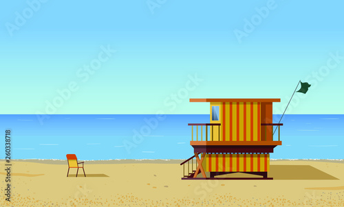 Summer building of safeguard station  tower on hot miami beach. Happy sunny summer day with clear sky and blue sea. Yellow and red beach construction on coast.