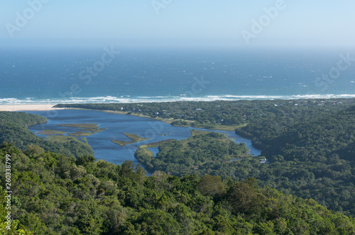 Aerial view of ocean and lagoon in Natures Valley, South Africa