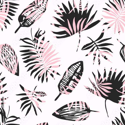 Fashion seamless pattern with overlap mess of black and pink tropical leaves. Trendy contrast colors exotic plants texture for textile, wrapping paper, surface, wallpaper, background