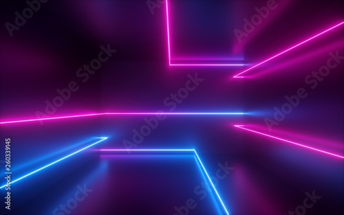 3d render, pink blue neon lines, geometric shapes, virtual space, ultraviolet li Fototapet