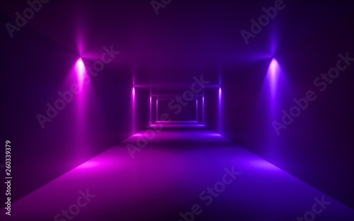 Fototapeta Naklejka Na Ścianę i Meble -  3d render, neon violet light, illuminated corridor, tunnel, empty space, ultraviolet light, 80's retro style, fashion show stage, abstract background