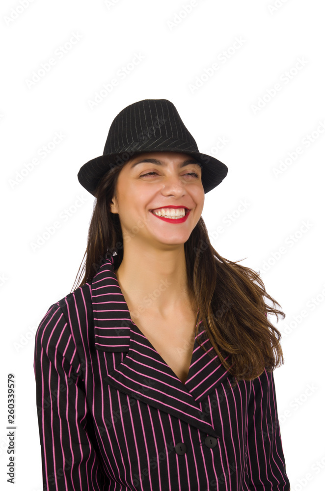 Woman wearing striped costume isolated on white Woman wearing striped costume isolated on white