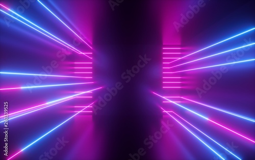 Fotomurale 3d render, pink blue neon lines, geometric shapes, virtual space, empty room, ul