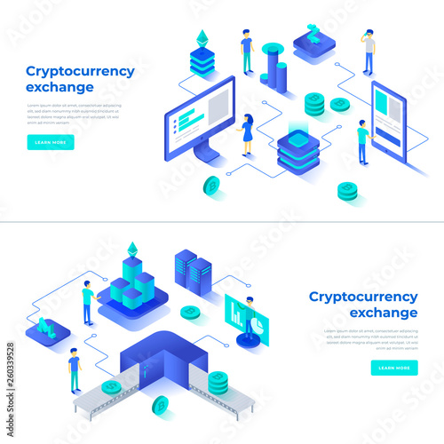 Cryptocurrency exchange and blockchain isometric compositions