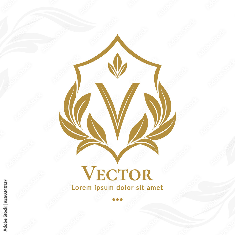 Golden shield emblem. V letter. Elegant, classic vector. Can be used for  jewelry, beauty and fashion industry. Great for logo, monogram, invitation,  flyer, menu, background, or any desired idea. Stock Vector