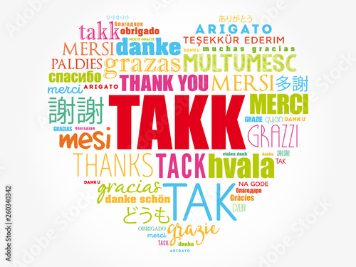 Takk (Thank You in Icelandic) love heart Word Cloud in different languages