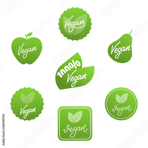 Vegan labels set. Vector stickers for Vegan food products.