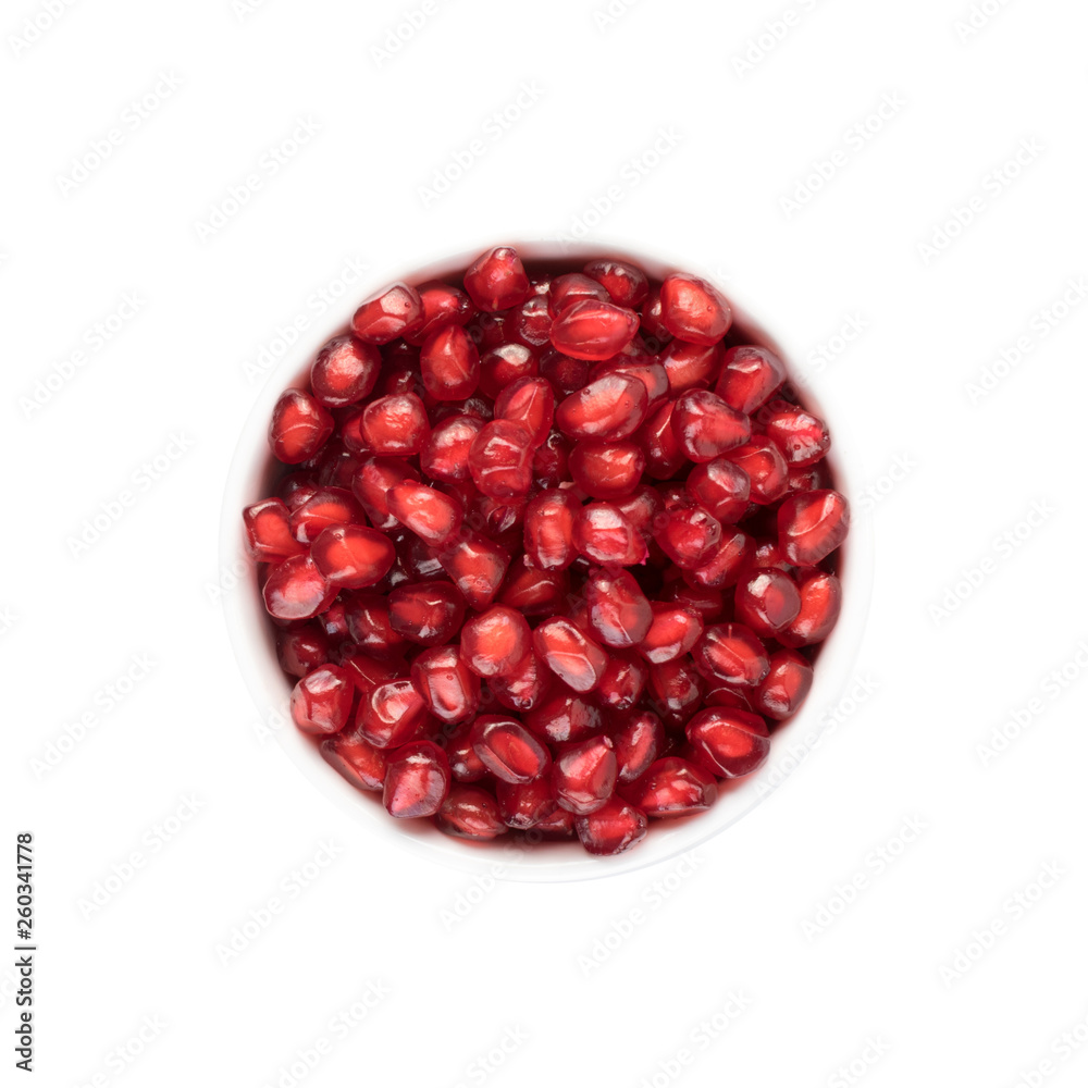Pile of Pomegranate Seeds in Bowl Isolated on White Background Pile of Pomegranate Seeds in Bowl Isolated on White Background