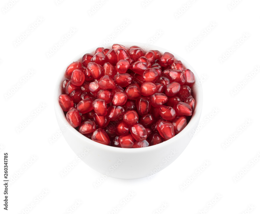 Pile of Pomegranate Seeds in Bowl Isolated on White Background Pile of Pomegranate Seeds in Bowl Isolated on White Background