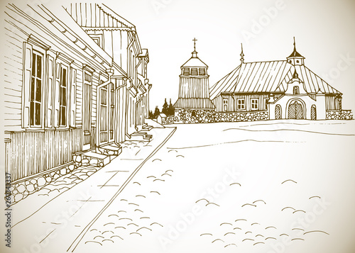 Romantic landscape the old village. View of the village square in Eastern Europe. Sepia hand drawn line sketch on texture background