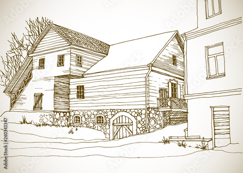 Old  view of the village street. Romantic landscape of Eastern Europe. Vector illustration in hand drawn line style. Sketch in sepia on texture background