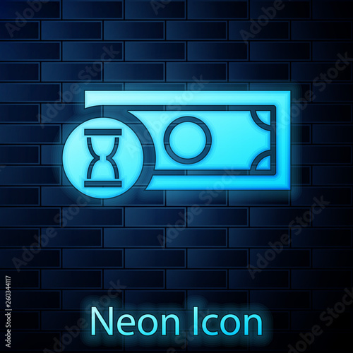 Glowing neon Fast payments icon isolated on brick wall background. Fast money transfer payment. Financial services, fast loan, time is money, cash back concept. Vector Illustration