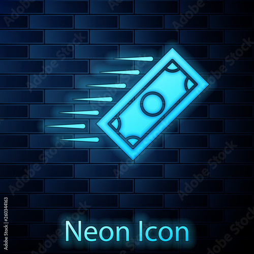 Glowing neon Fast payments icon isolated on brick wall background. Fast money transfer payment. Financial services, fast loan, time is money, cash back concept. Vector Illustration
