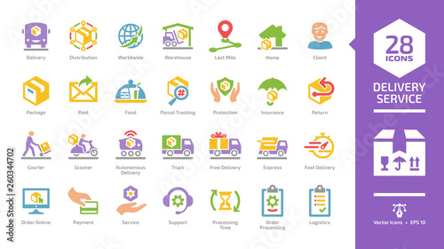 Delivery service color glyph icon set with express package shipping, quick courier, cargo truck and van speed transport, online order and free box shipment pictogram.