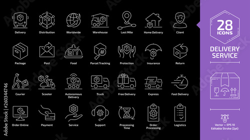 Delivery service editable stroke outline icon set on a black background with fast express package shipping, quick parcel courier, cargo lorry truck and van speed transport, online order line sign.