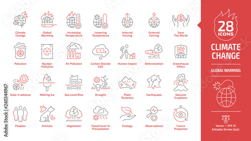 Climate change or global warming editable stroke outline danger red icon set with world disaster and catastrophe, globe nuclear and air co2 pollution, greenhouse effect, melting ice line ecology sign.