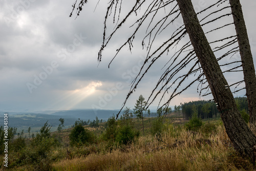 cloudy and foggy sunrise over slovakian landscape in autumn photo