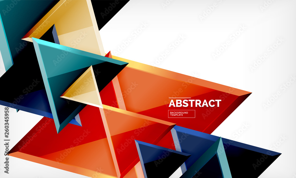 Triangles repetiton geometric abstract background, multicolored glossy triangular shapes, hi-tech poster cover design or web presentation template with copy space