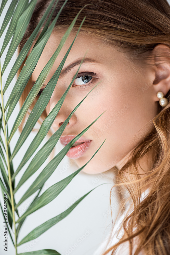 pretty girl looking at camera through palm leaf on white pretty girl looking at camera through palm leaf on white