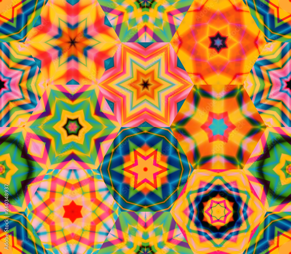Abstract mosaic of caleidoscopes. Hexagonal image structure.