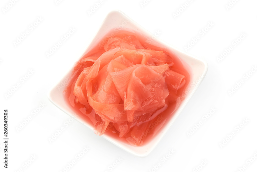 Red pickled ginger in bowl, close-up, isolated on white background. Top view Red pickled ginger in bowl, close-up, isolated on white background. Top view