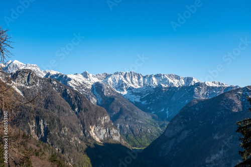 View from Vrsic through Soca valley to mountains in Slowenia