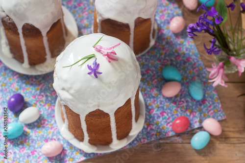 Traditional homemade Easter cake in the Easter decoration. Rustic style.