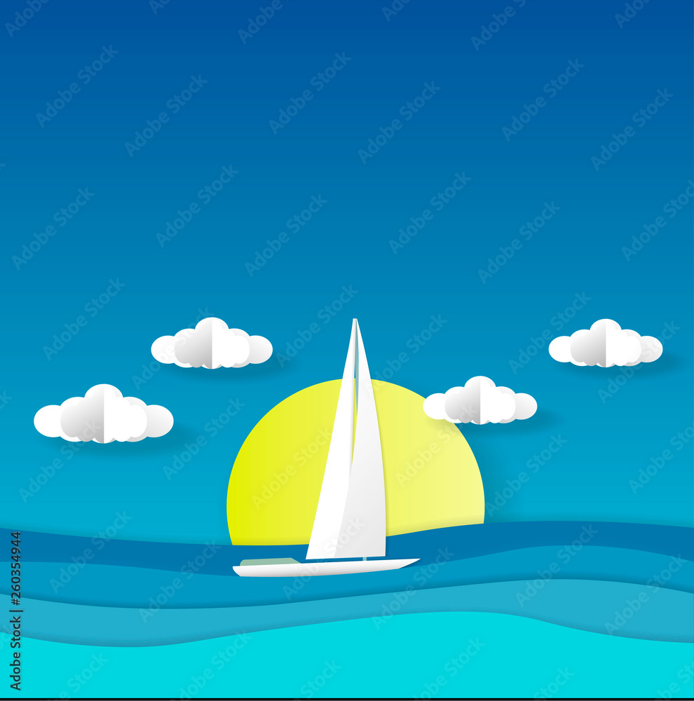 Sea view in summer. white yacht sailing. summer time. vacation. sea with beach. paper cut and craft style. illustration