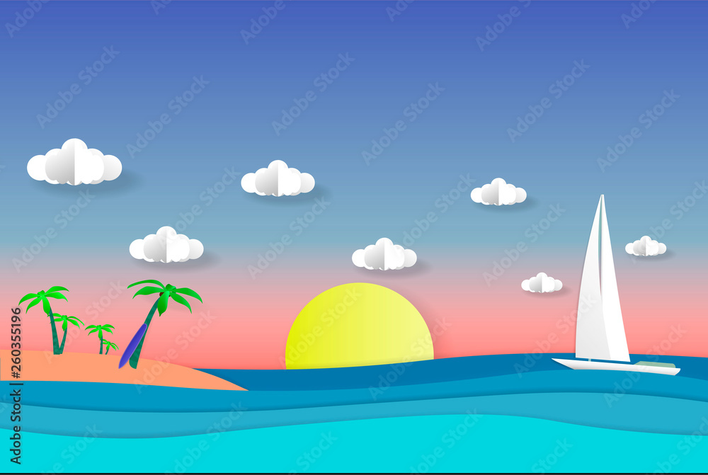 Sea view in summer. white yacht sailing. summer time. vacation. sea with beach. paper cut and craft style. illustration