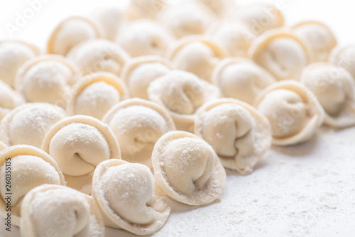  rows of frozen ravioli on a white background. Lots of Isolated Dumplings