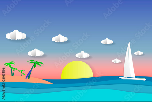 Fototapeta Naklejka Na Ścianę i Meble -  Sea view in summer. white yacht sailing. summer time. vacation. sea with beach. paper cut and craft style. illustration