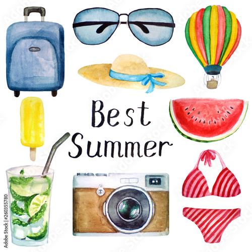 set of summer watercolor elements: suitcase, glasses, hat, balloon, swimsuit, camera, ice cream, mojito cocktail, best summer