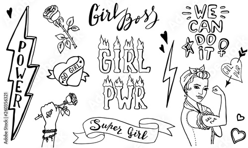 Girl power doodle quotes and illustrations. Grl pwr hand drawn set. Feminism lettering. Womens right. Girl Boss. Female badges and symbols. Vector illustration