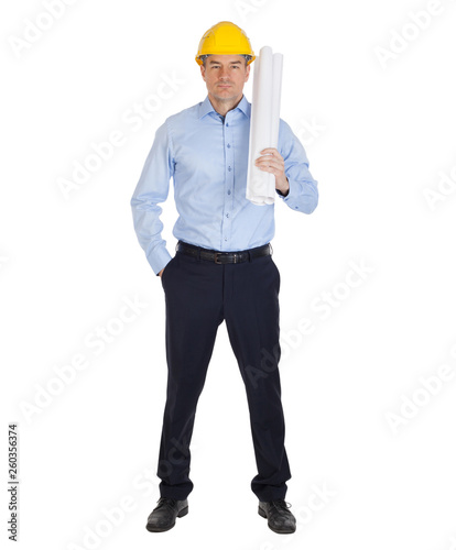 Full body portrait of architect holding blueprints. Isolated on white background.