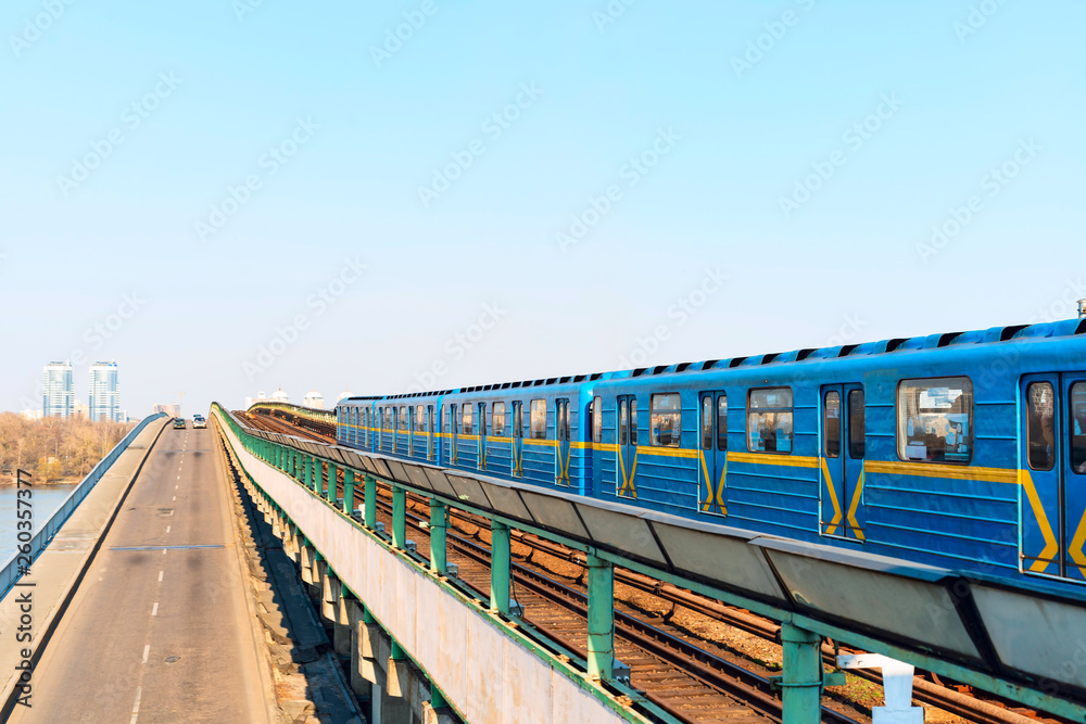 Subway train railway line on the bridge Subway train railway line on the bridge