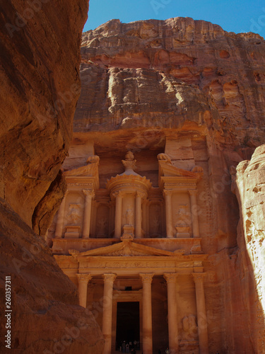 Petra; Raqmu - historic ruins of the ancient, rock city of the Nabatean Arabians. It is located in southwestern Jordan. It is also known as the rose-red city. UNESCO World Heritage list.