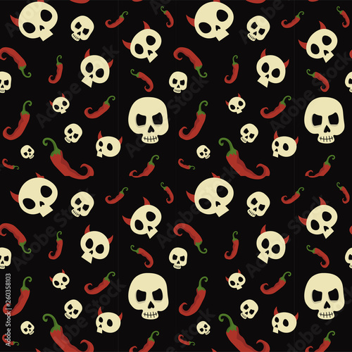 Skull vector seamless pattern on black. Mexican sugar with chili pepper.