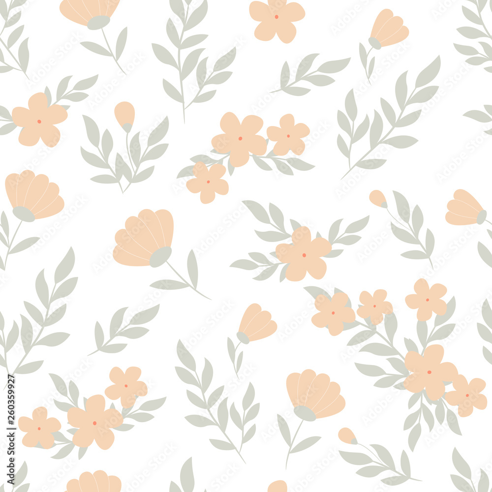 Vector floral pattern in doodle style with flowers and leaves. Gentle colors, spring floral background. Can be used for wallpaper, pattern fills, surface textures, fabric prints