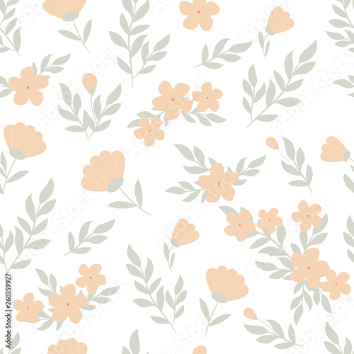 Vector floral pattern in doodle style with flowers and leaves. Gentle colors  spring floral background. Can be used for wallpaper  pattern fills  surface textures  fabric prints