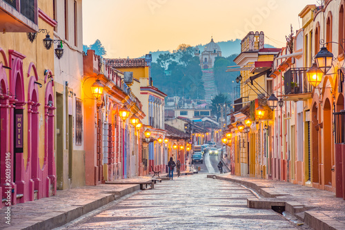 Fototapeta Beautiful streets and colorful facades of San Cristobal de las Casas in Chiapas,