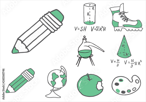 Set of school equipment doodle icons