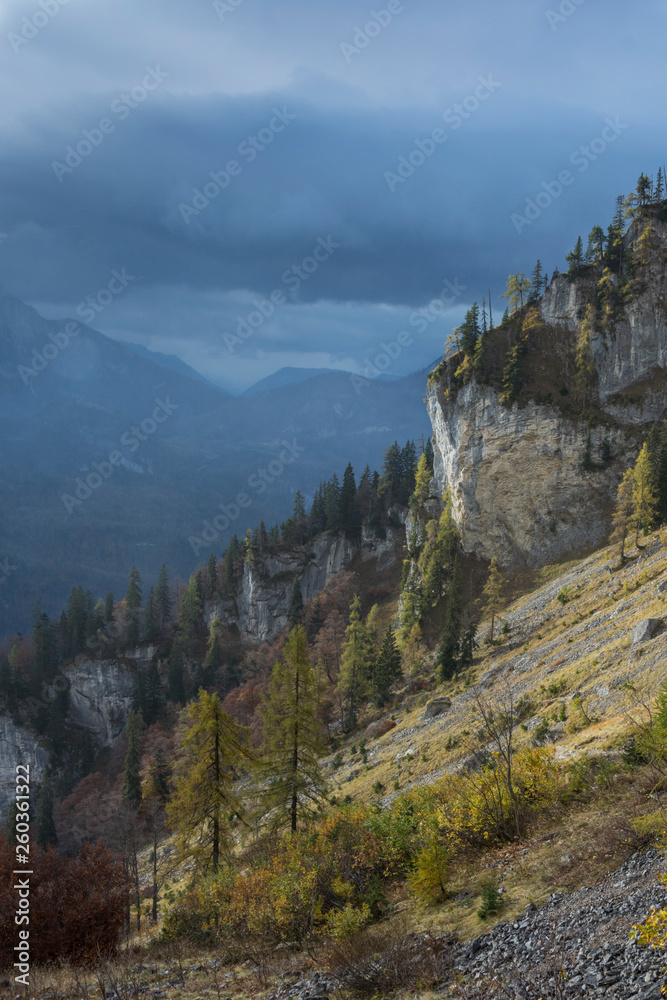 Landscape of high mountains in the Austrian alps. Steep rocky escarpment down into the valley.