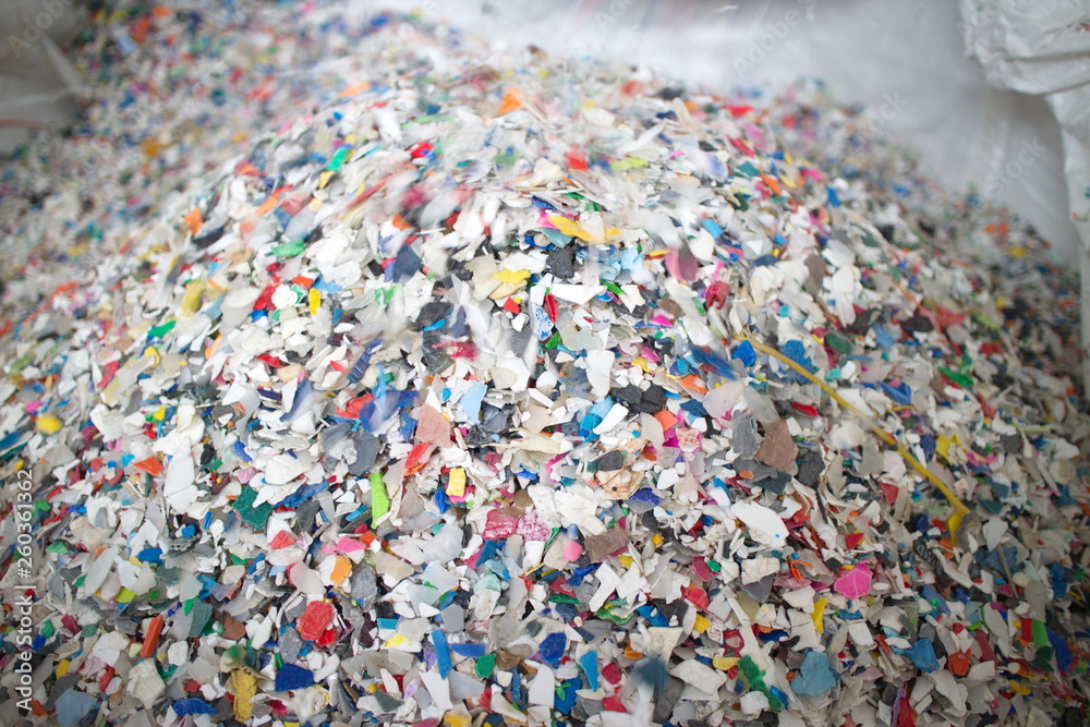 Recycling, shredded plastic