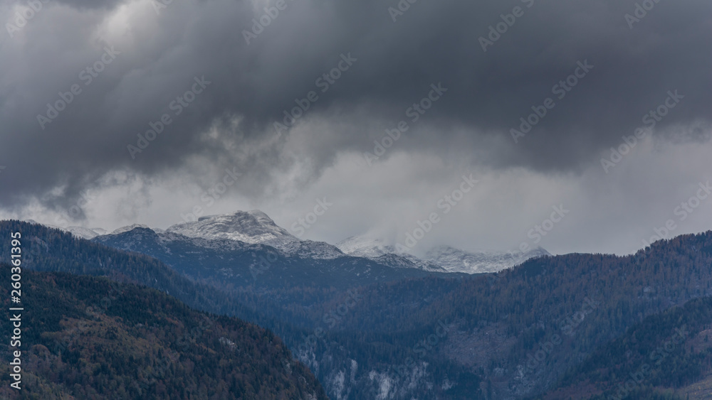 Landscape of high mountains in the Austrian alps. On the peaks is snow.