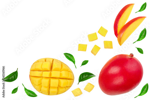 Mango fruit and half with slices isolated on white background with copy space for your text. Top view. Flat lay