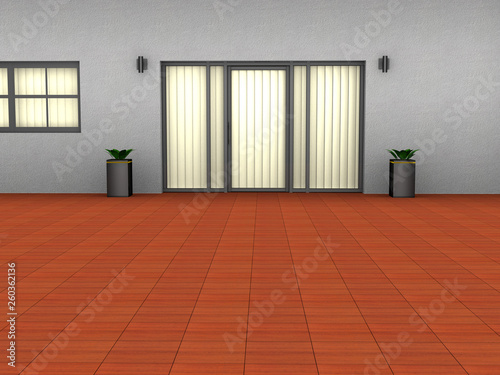 Empty terrace with tiles on floor, door and window. 3D rendering.