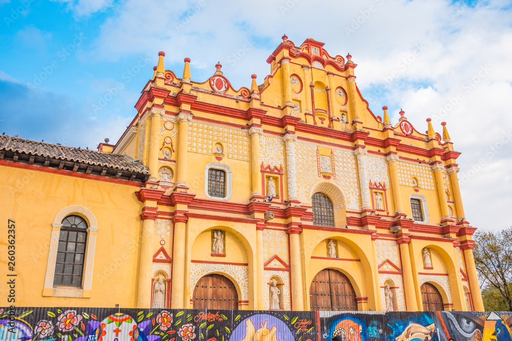 Yellow facade of the Cathedral of San Cristobal de las Casas town in Chiapas Mexico