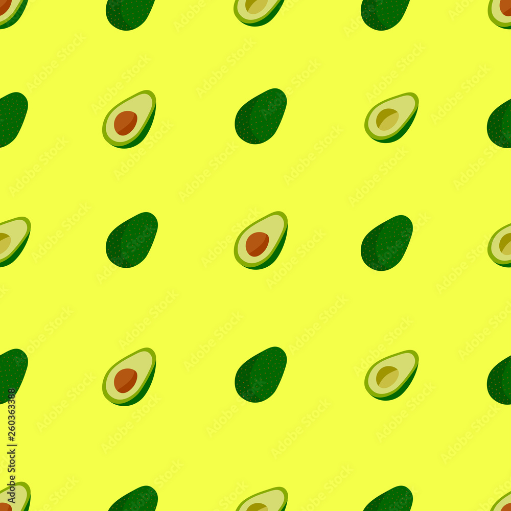 Fototapeta premium Avocado seamless vector pattern on a yellow background
