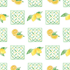Papier peint photo Fruits aquarelle patrons Tranches citrons jaunes aquarelle estivale  © tanialerro