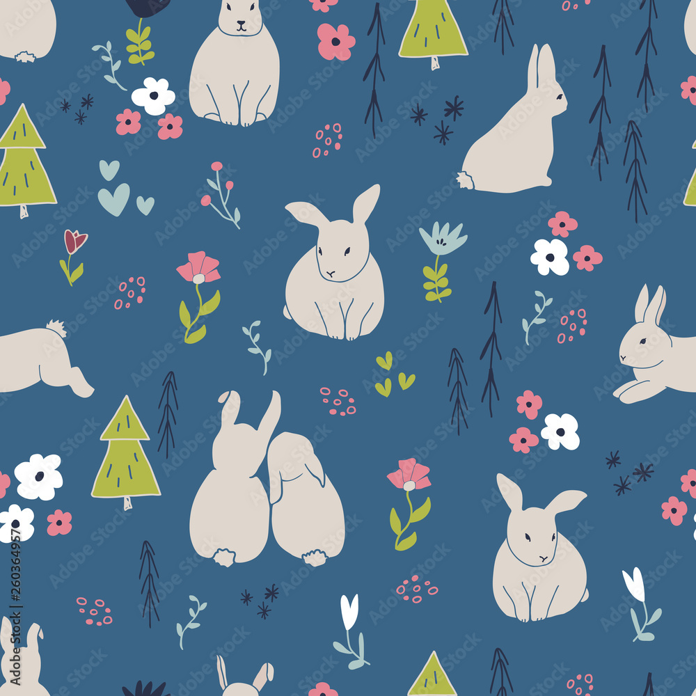 Cute rabbits and flowers seamless pattern. Spring and easter theme seamless background for nursery, baby and kids products, fabric, stationery, textile
